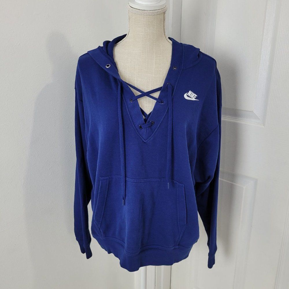 Nike Hoodie Womens Small Blue Lace Up V Neck Void Terry Pocket Pullover - Picture 14 of 14